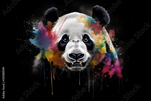  a panda bear with colorful paint splatters on it s face.  generative ai