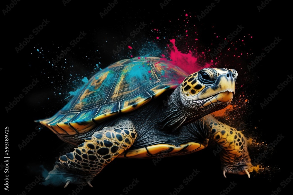  a painting of a turtle with colored paint on its back.  generative ai