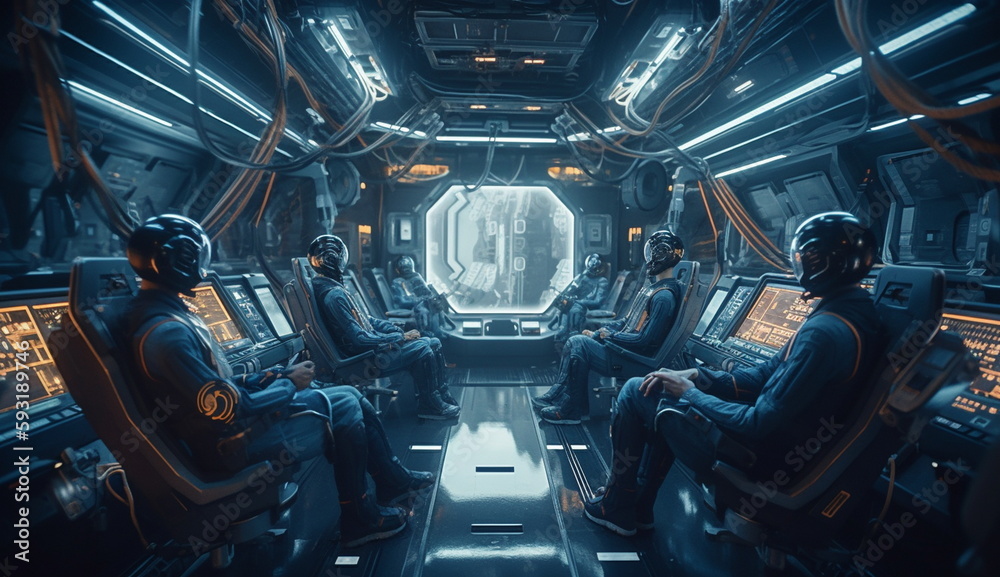 A team of astronauts with futuristic suit sitting inside a giant spaceship cockpit looking out windows spaceship. Based on Generative Ai.