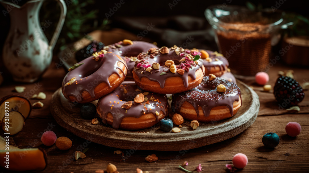 Sweet chocolate and homemade donuts. Generative AI Sweet chocolate and homemade donuts. Generative AI
