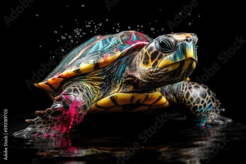  a colorful turtle swimming in the water with a black background.  generative ai © Nadia