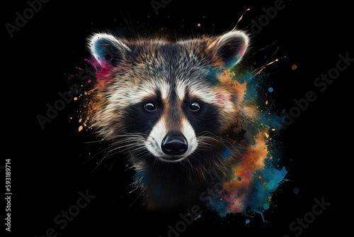  a raccoon is looking at the camera with a black background.  generative ai © Nadia