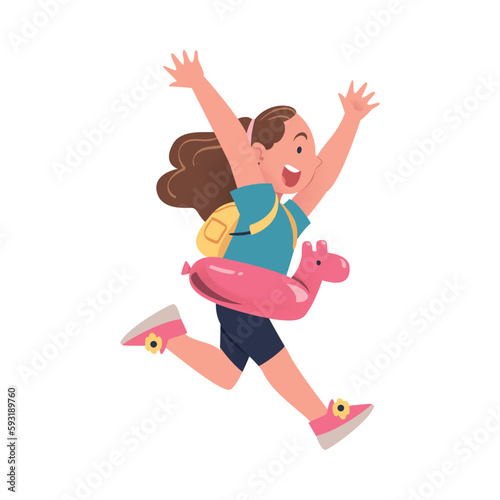 Happy little girl with lifebuoy and backpack running to beach cartoon vector illustration