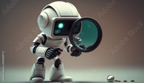 Mini robot with a magnifying glass searching for something. Based on Generative Ai.