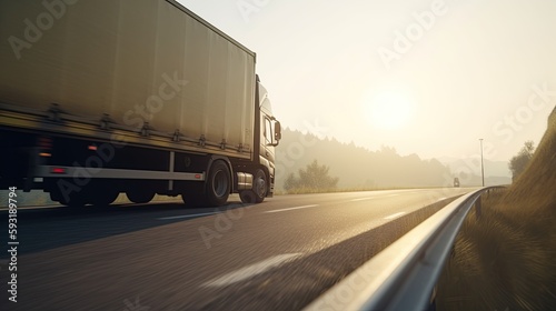 Truck driving on a road in the morning, generative ai