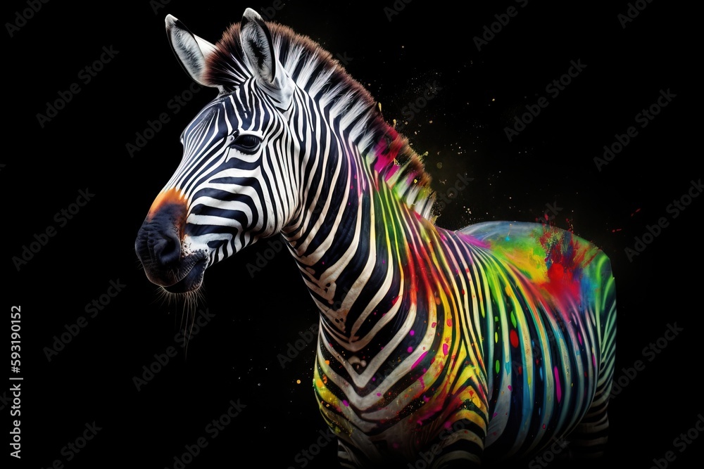  a colorful zebra standing in the dark with a black background.  generative ai