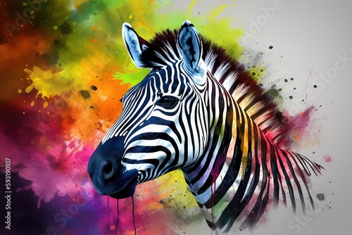  a painting of a zebra with colorful paint splatters.  generative ai © Nadia