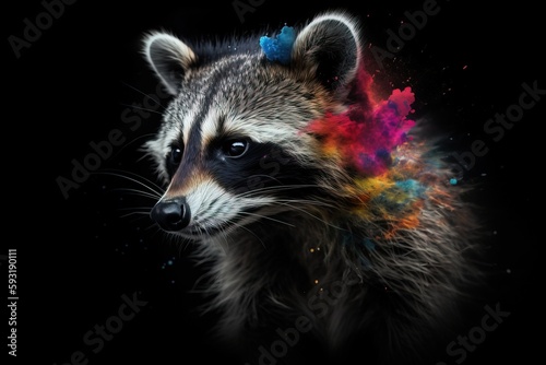  a raccoon with a colorful tail and a black background.  generative ai © Nadia