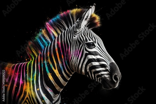  a zebra with multicolored stripes on it s face.  generative ai