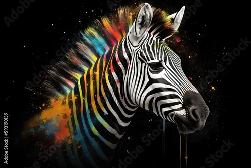  a zebra with colorful paint splatters on its face.  generative ai