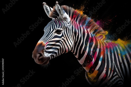  a zebra with a multicolored pattern on it s face.  generative ai