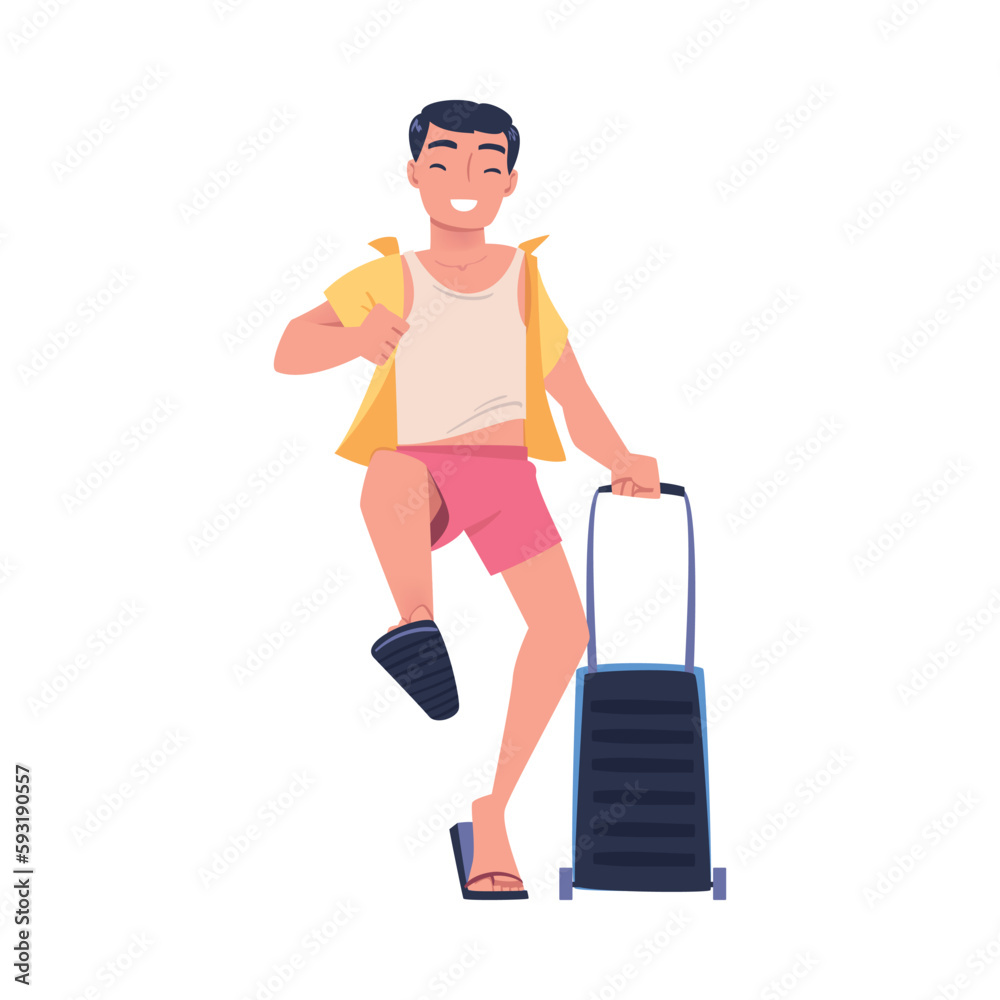 Happy young man with luggage hurrying to flight at airport. Rushing tourist going on summer vacation trip cartoon vector illustration Happy young man with luggage hurrying to flight at airport. Rushing tourist going on summer vacation trip cartoon vector illustration