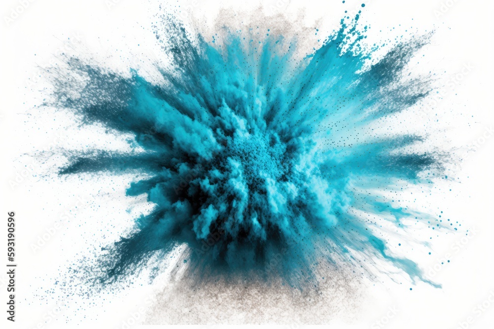 particle explosion explosion of powder. Blue dust particle explosion in close up, isolated on