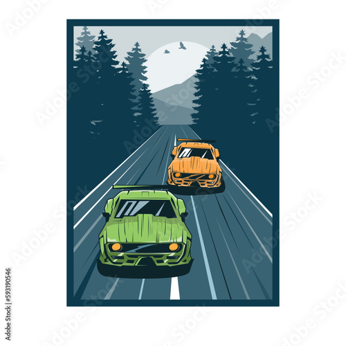 racer car on the way forest