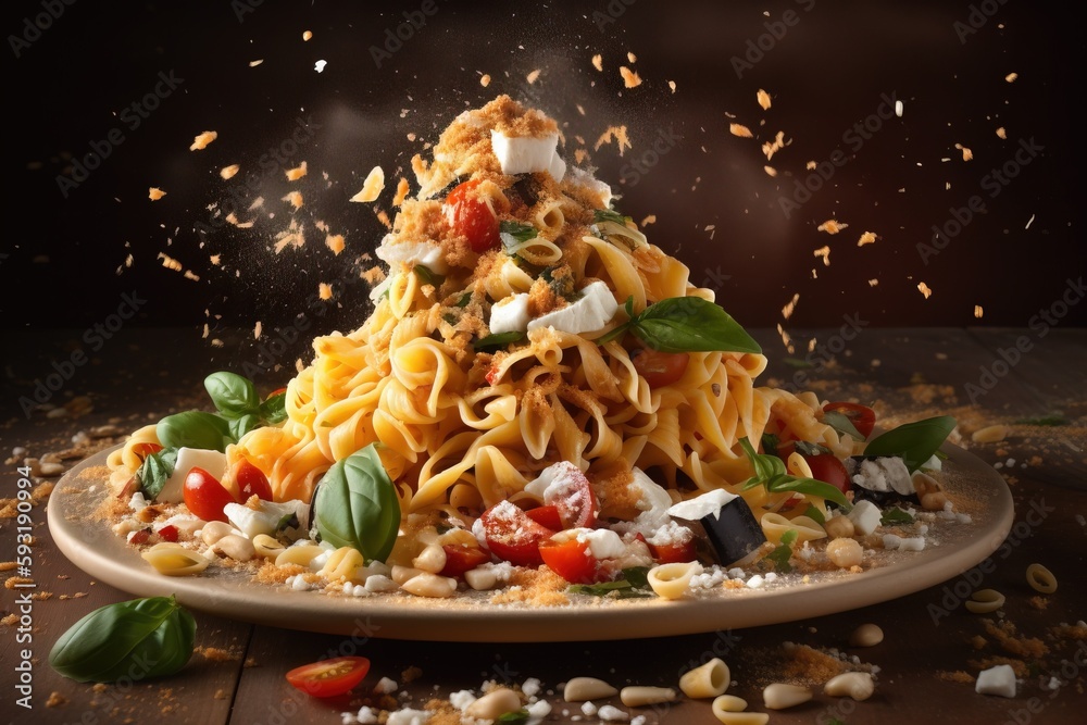 a plate of pasta and vegetables with sprinkles. generative ai a plate of pasta and vegetables with sprinkles. generative ai