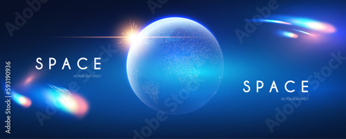 Space background. Universe, Earth planet and motion light. Futuristic design.