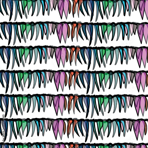 A set of colored stalactites or figures pointing downwards.