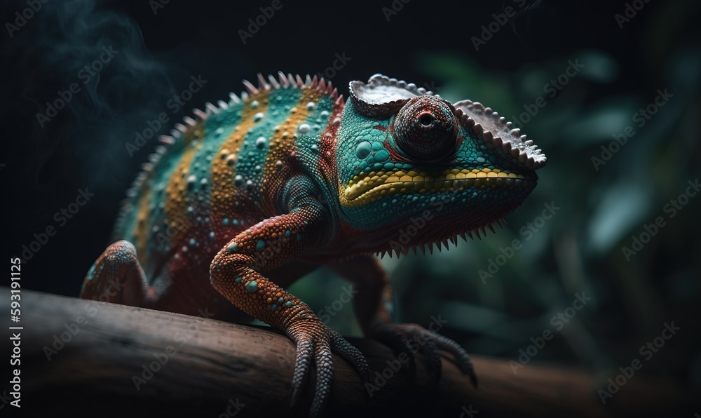 a colorful chamelon sitting on a branch in the dark. generative ai a colorful chamelon sitting on a branch in the dark. generative ai