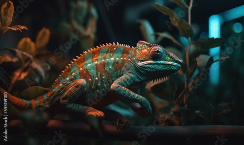  a colorful chamelon sitting on a branch in the jungle.  generative ai