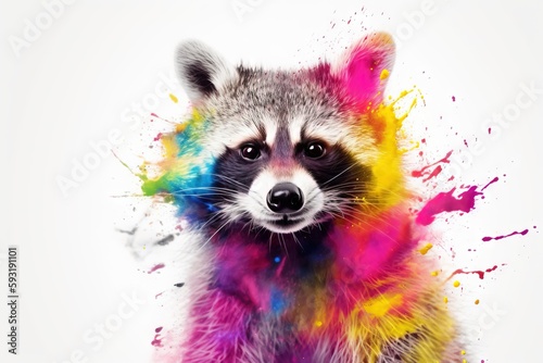  a raccoon with colorful paint splattered on it's face. generative ai