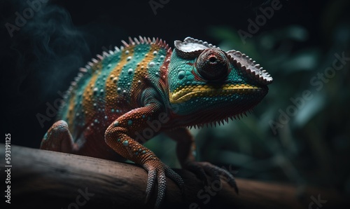  a colorful chamelon sitting on a branch in the dark.  generative ai