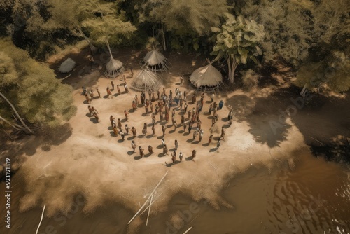 aerial shot of a tribe, performing a traditional dance on the banks of the amazonas, created with generative ai photo