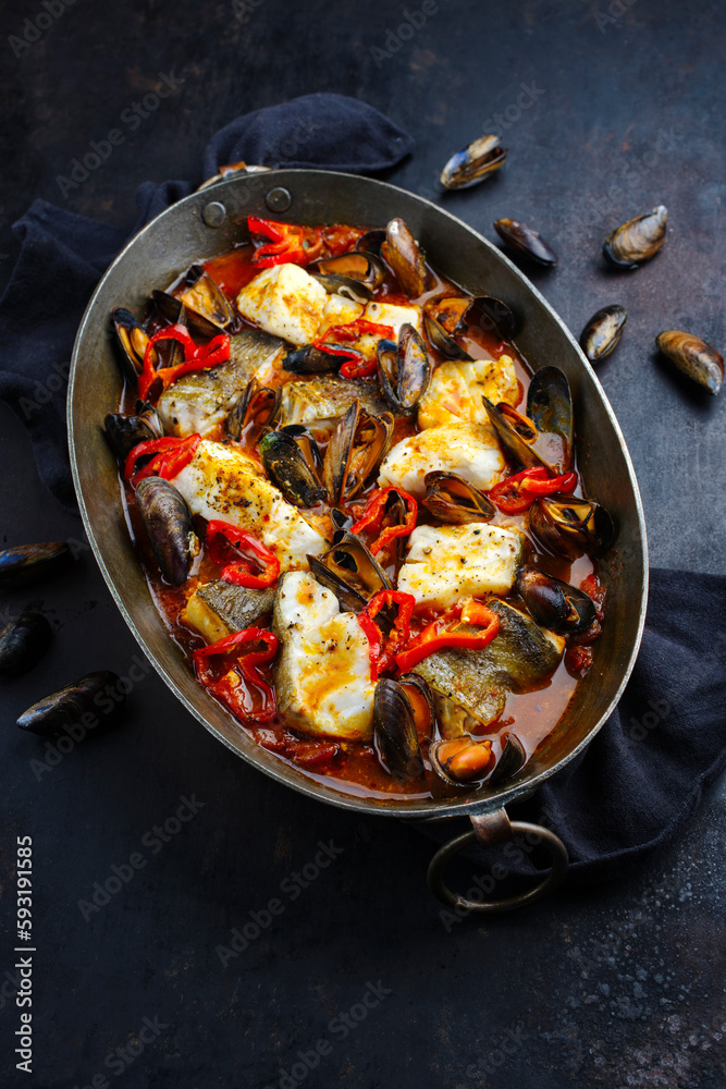 Traditional French seafood bouillabaisse with cod fish and mussels in red wine tomato sauce served as top view in a rustic copper casserole