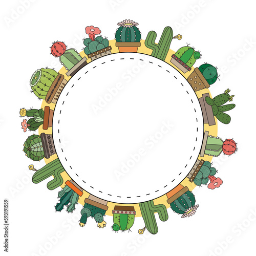Circular badge with cactus on white background. cartoon cute doodle. green cactus concept. Cute desert plants. Decorative natural elements are isolated on green. flat design adorable concept.