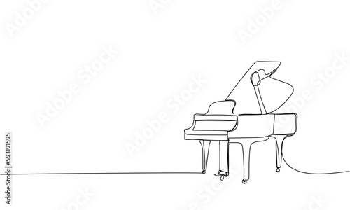Grand piano one line art. Continuous line drawing of classical, musician, acoustic, piano, chord, antique, music, keyboard, concert, jazz, instrument, vintage, classic.