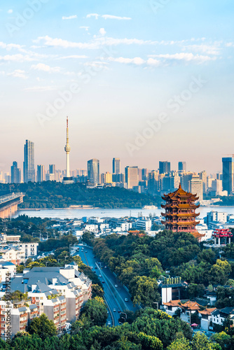 High angle view city skyline scenery of Yellow Crane Tower in Wuhan, Hubei, China