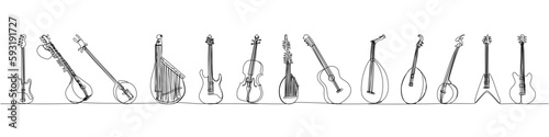 String musical instruments set one line art. Continuous line drawing of guitar, kozobas, kobza, bandura, lute, sitar, violin, cello, contrabass, electric, melody, rock, plucked bass, traditional.