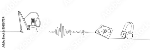 Audio recording set one line art. Continuous line drawing of microphone and pop filter, musical, headphones, sd disk, music waves, broadcasting, karaoke, audio, retro, record, broadcast media