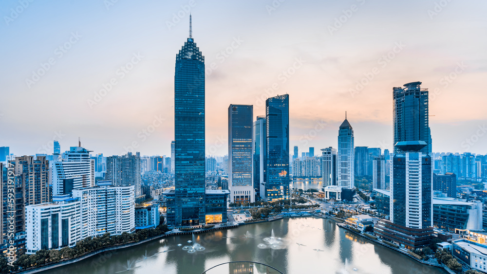 Obraz premium Dusk Scenery of Buildings in the Northwest Lake CBD of Hankou, Wuhan, Hubei, China