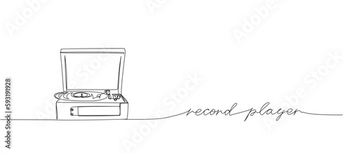 Vinyl Record Player Turntable one line art. Continuous line drawing of vinyl, record, melody, studio, phonograph, antique, gramophone, disco, audio with an inscription, lettering, handwritten.