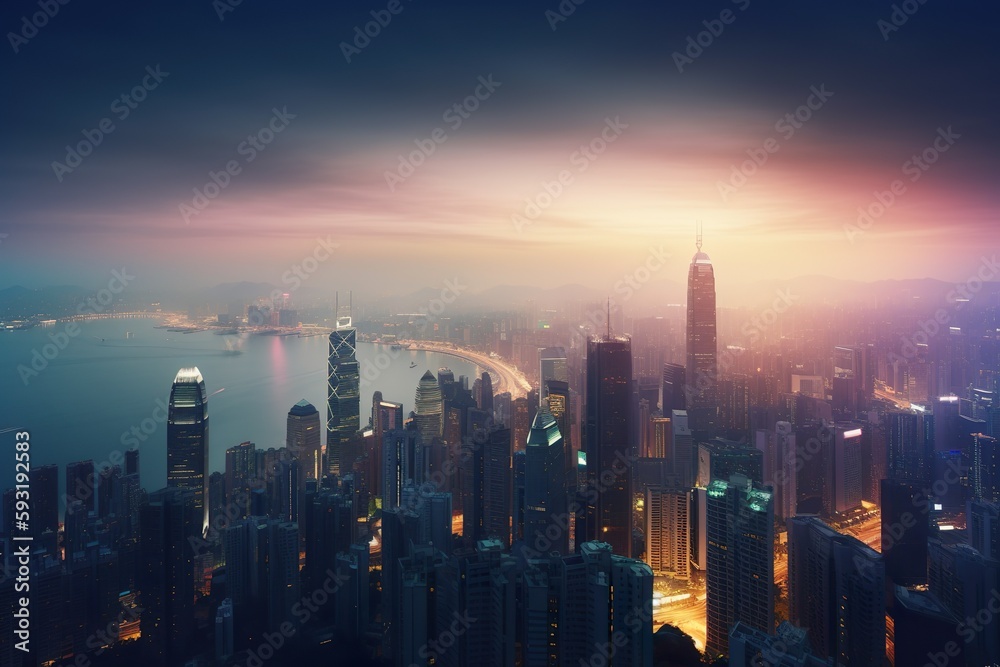Fototapeta premium An imaginary city skyline at sunset. Generative AI