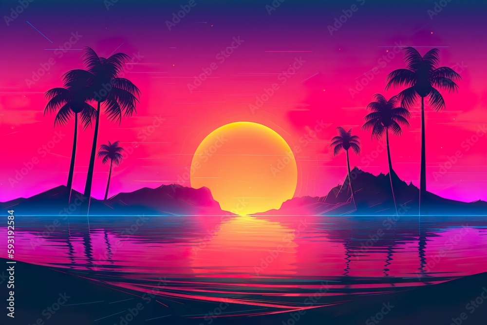 A beautiful sunset on a beach with palm trees in synthwave style. Generative AI