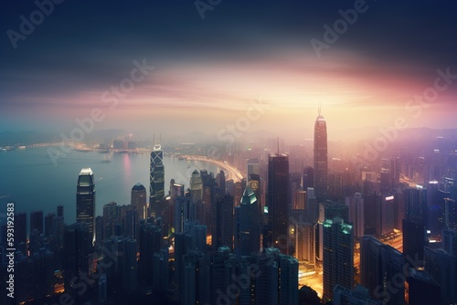 An imaginary city skyline at sunset. Generative AI