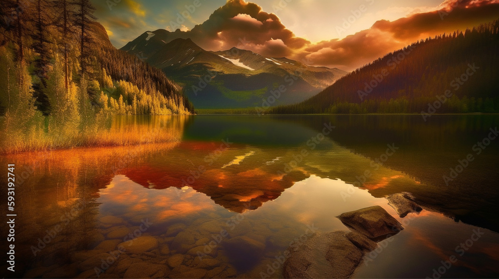  a mountain landscape during the golden hour with this stunning digital artwork, expertly crafted to showcase the warm glow of the setting sun generative ai.