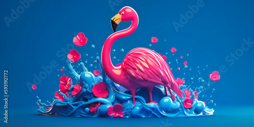 three dimensional pink flamingo swimming in a wave with other decorations swimming on a blue background