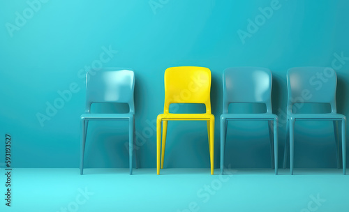Yellow chair standing out from the crowd of blue chairs  isolated on blue background. recruitment hiring concept  Business concept