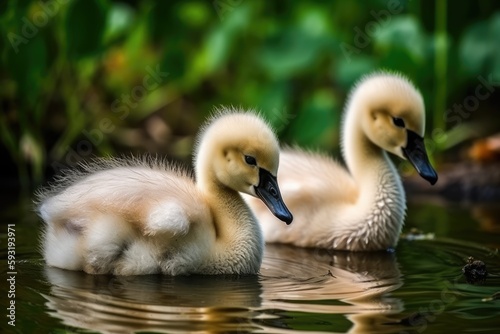 Beautiful swan cubs at the pond