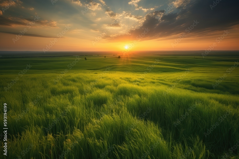 Green fields at sunset