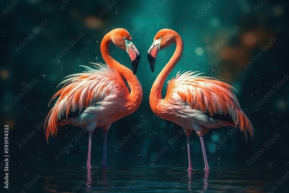 two flamingos standing in the water with their necks touching. generative ai two flamingos standing in the water with their necks touching. generative ai