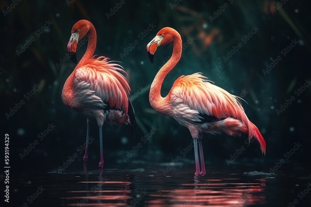 two flamingos standing in the water with their necks crossed. generative ai two flamingos standing in the water with their necks crossed. generative ai