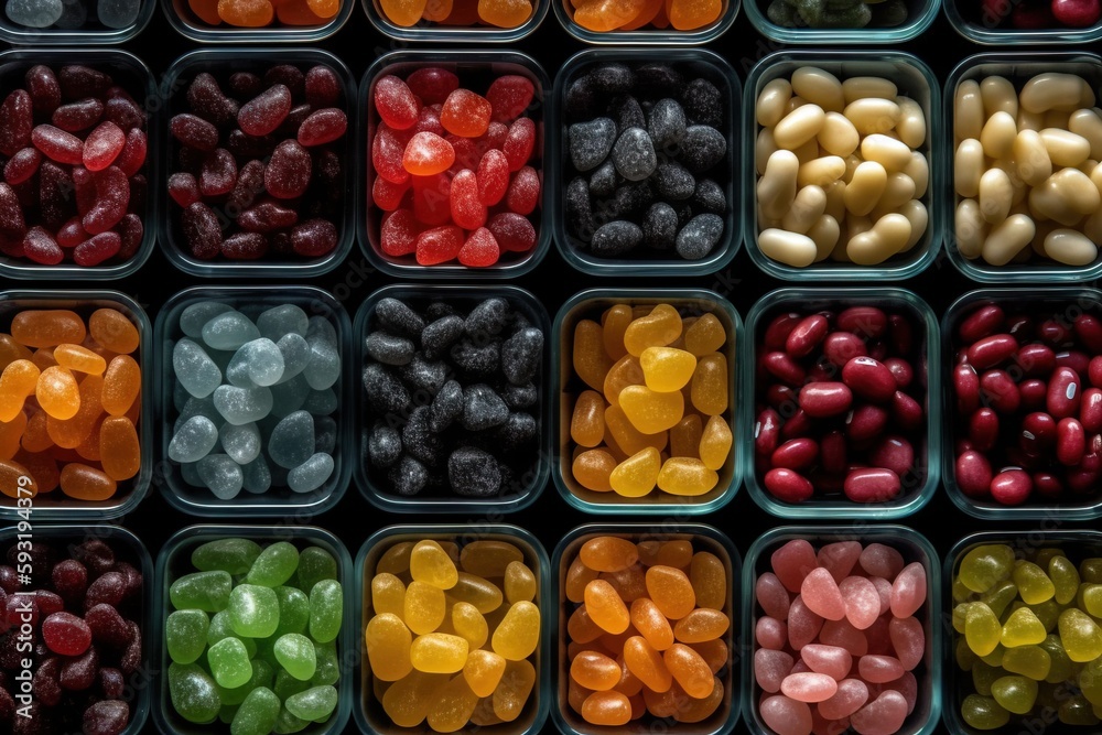  a bunch of different colored candies in plastic trays.  generative ai