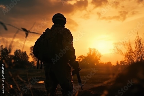 Silhouette of military soldier or officer with weapon