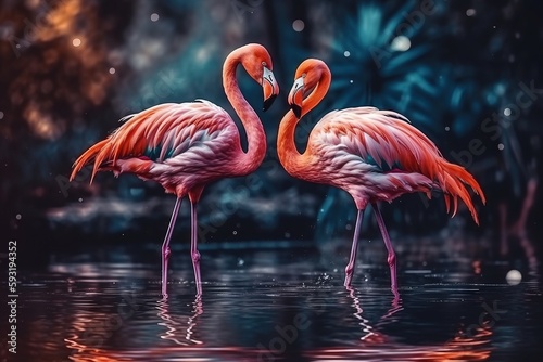  two flamingos standing in the water with their necks touching.  generative ai