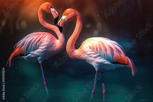  two flamingos standing in the water with their necks touching.  generative ai