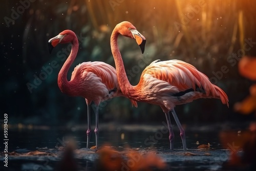  two flamingos standing next to each other in the water. generative ai