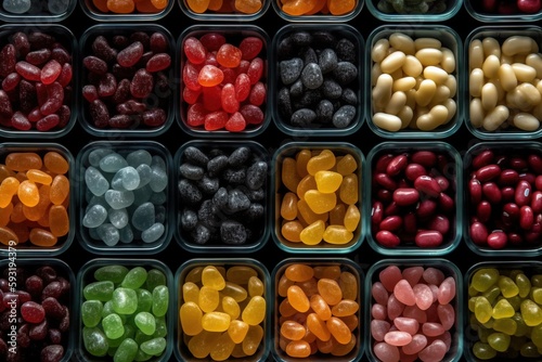 a bunch of different colored candies in plastic trays.  generative ai